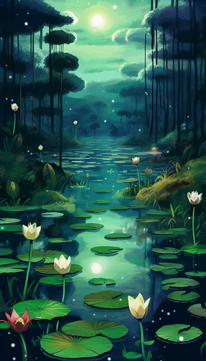 暗绿色明亮月光荷花荷叶夜色插画背景,插画/手绘图,插画/手绘图库,插画/手绘图下载,插画/手绘